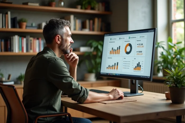 Entrepreneur consultant ses indicateurs de performance et de visibilité en ligne depuis son bureau à domicile