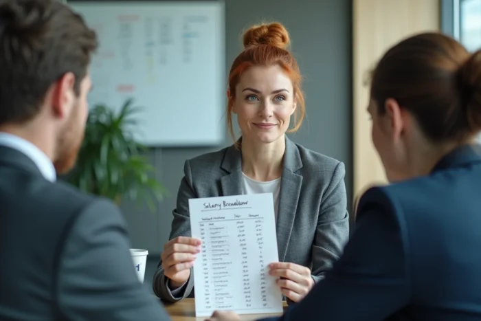 Femme en portage salarial discutant du calcul de son salaire avec un conseiller financier dans une salle de réunion