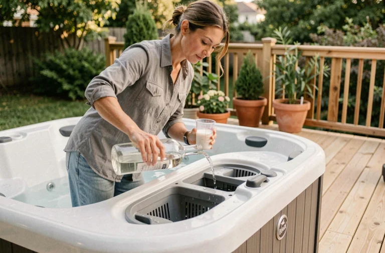 Femme versant du vinaigre blanc dans le filtre d'un spa extérieur en bois pour en assurer l'entretien