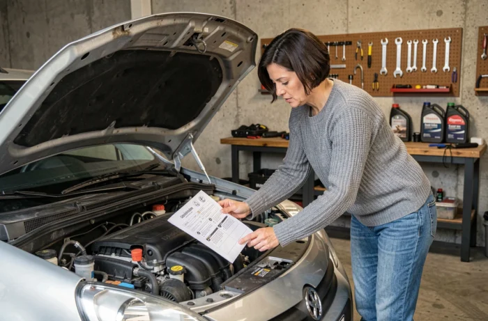 Femme consultant une liste d'entretien automobile sous le capot ouvert d'une voiture