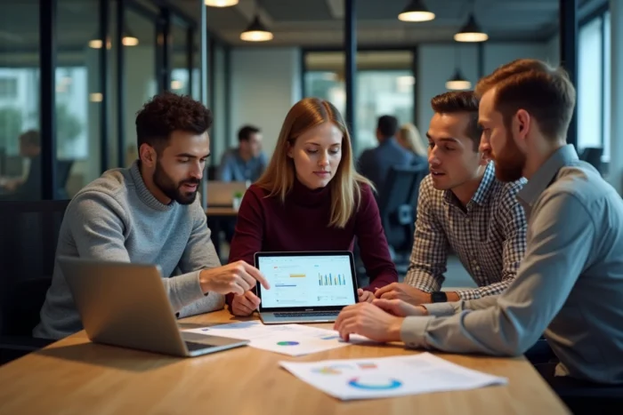 Équipe professionnelle analysant des données de visibilité et de croissance lors d'une réunion de travail