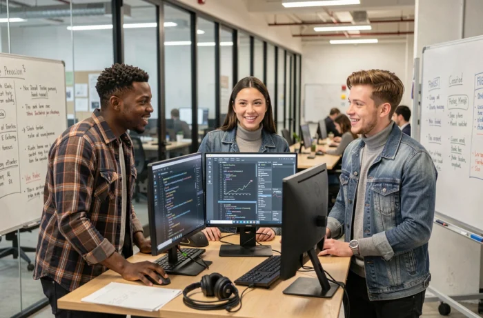 Équipe de développeurs collaborant sur des mises à jour X-Script dans un espace de coworking moderne