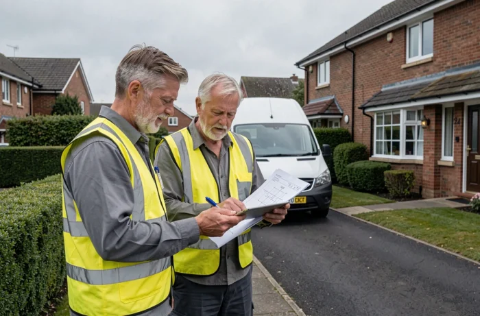 Deux électriciens professionnels consultant un plan technique devant une maison lors d'une intervention d'urgence à domicile