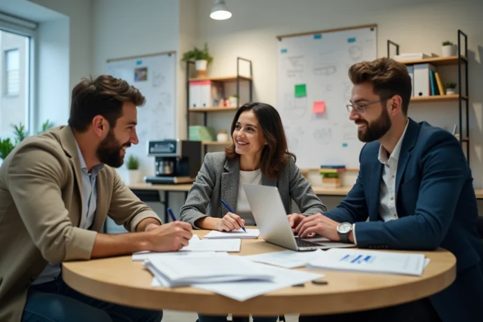 Équipe de jeunes entrepreneurs collaborant autour de tendances business dans une startup moderne