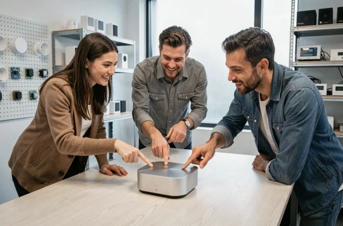 Équipe de professionnels explorant un dispositif connecté domotique dans un studio de design technologique, tendances innovation high-tech