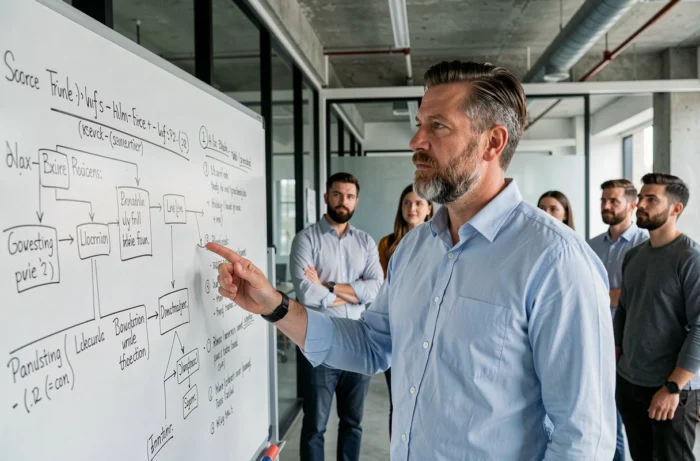 Professionnel expliquant une architecture de logiciels libres à son équipe sur un tableau blanc dans un espace de travail collaboratif