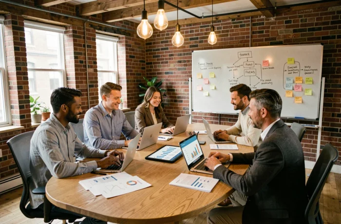 Équipe multiculturelle de professionnels en réunion stratégique autour d'une table de conférence avec tableaux de bord analytiques