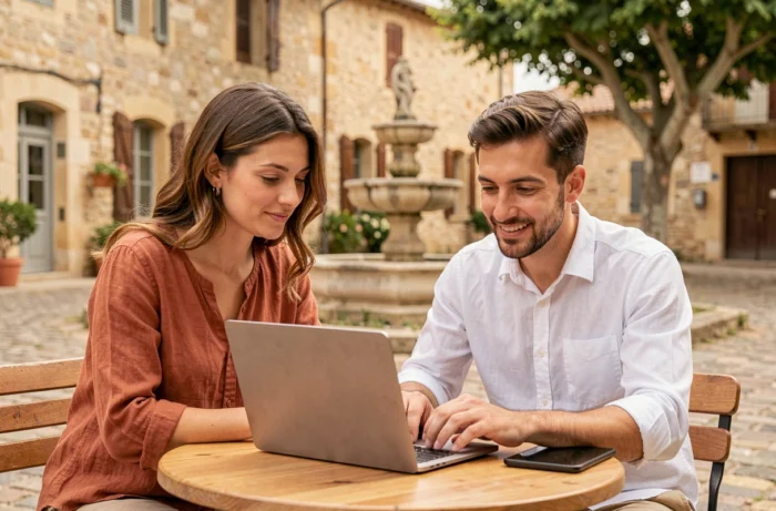 Deux professionnels du web travaillant sur le référencement d'un site depuis un village de la Drôme Provençale