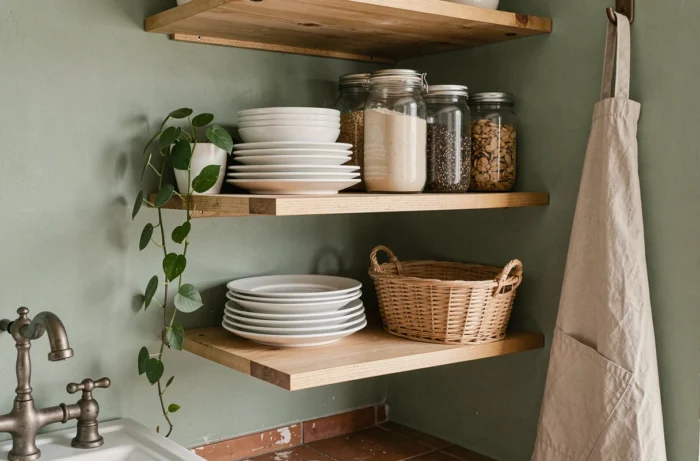 Étagères en bois ouvertes dans une cuisine cosy décorée avec des céramiques blanches et des plantes vertes