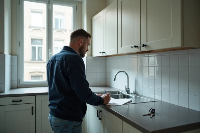 Homme complétant l'état des lieux de sortie dans un appartement vide avec les clés posées sur le comptoir