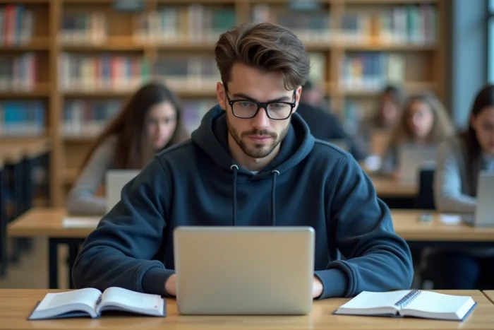 Étudiant utilisant l'ENT Artois à distance dans une bibliothèque universitaire moderne
