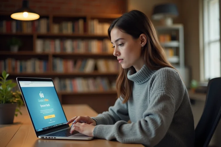 Étudiante accédant à l'ENT Artois sur son ordinateur portable depuis son appartement