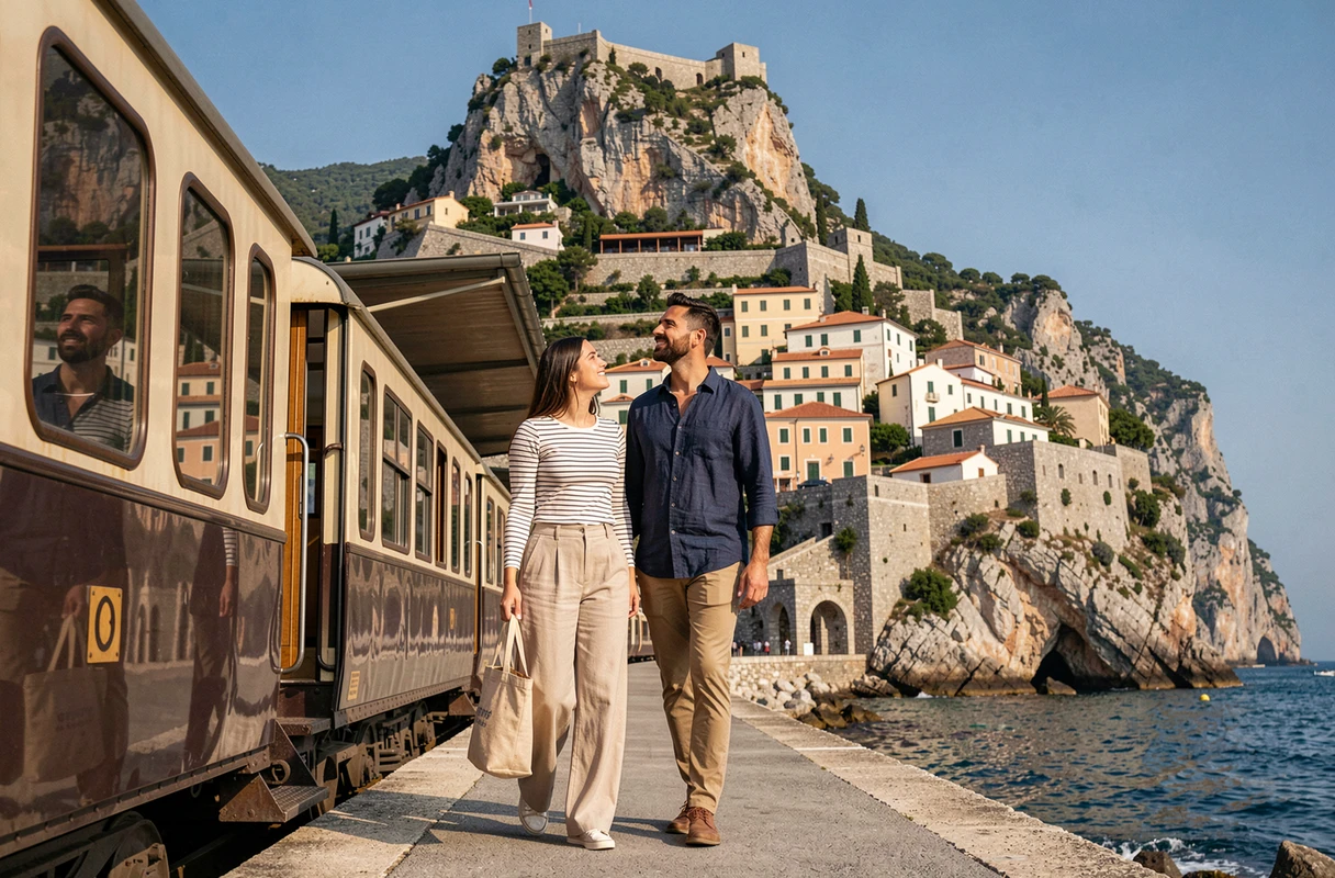 Couple arrivant en train à Èze avec le village perché sur la falaise en arrière-plan
