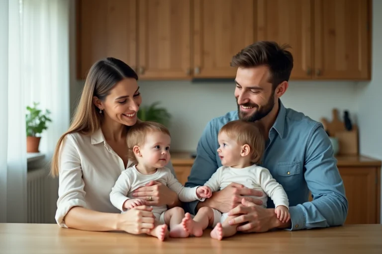 Famille avec des jumeaux en bas âge autour d'une table de cuisine, illustrant l'hérédité parentale et les traits génétiques partagés