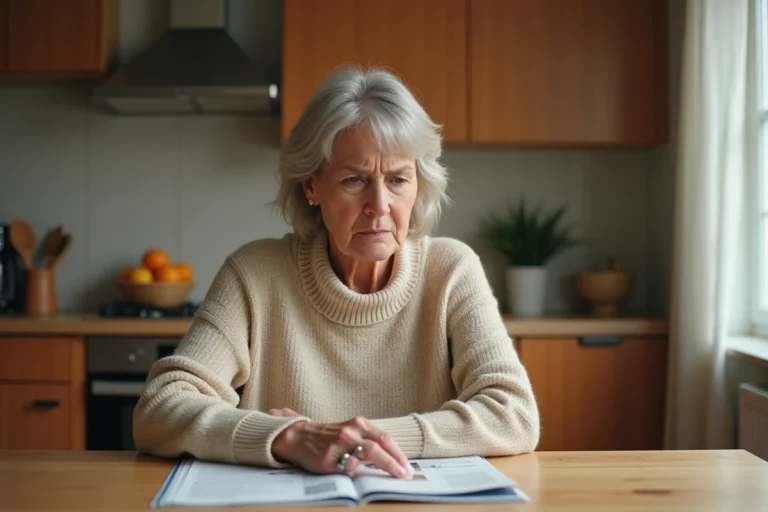 Femme d'âge mûr à la table de cuisine tenant un courrier et remarquant l'absence de son magazine Télé Z dans sa boîte aux lettres