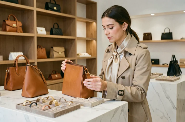 Femme élégante en imperméable beige choisissant des accessoires de mode dans une boutique minimaliste avec sacs en cuir et bijoux dorés exposés