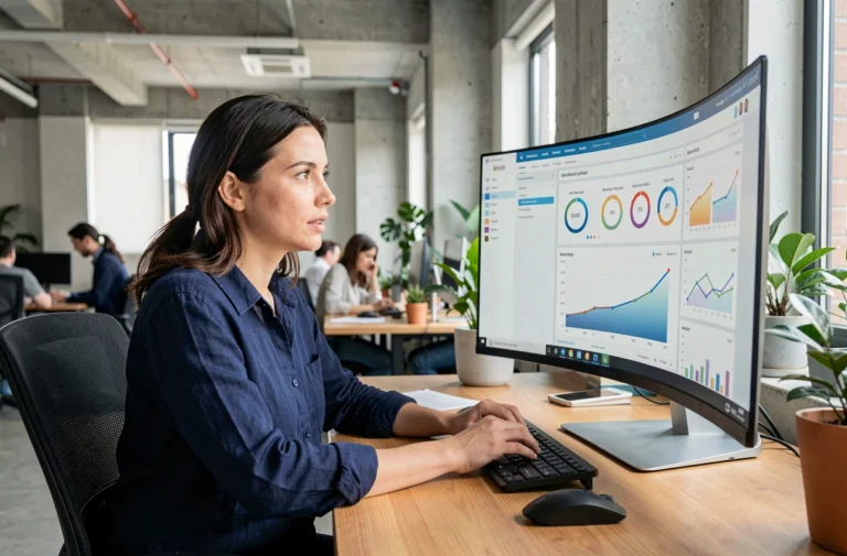 Femme professionnelle analysant les tendances web sur un grand écran dans un bureau moderne