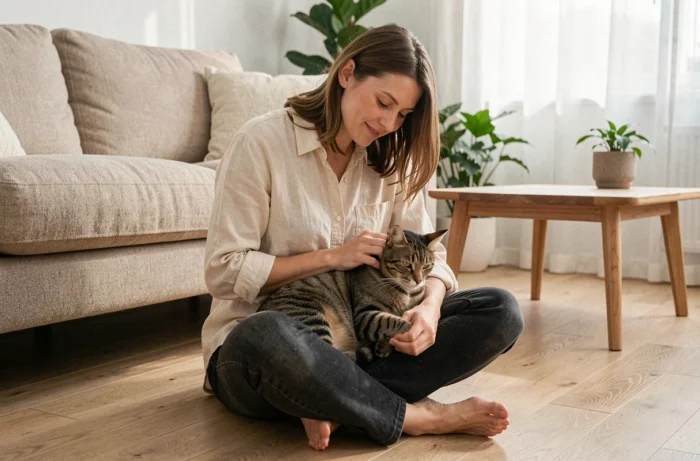 Femme assise sur un parquet en bois caressant un chat tigré dans un salon chaleureux et moderne