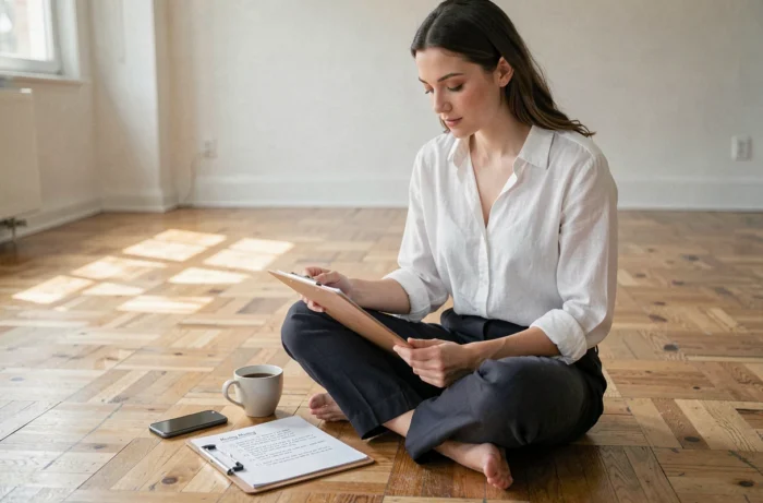 Jeune femme consultant une liste de contrôle pour organiser un déménagement dans un appartement vide