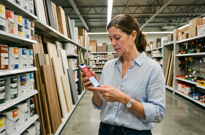 Femme utilisant un code promo Leroy Merlin sur smartphone dans un rayon de magasin de bricolage