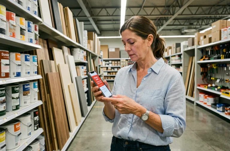 Femme utilisant un code promo Leroy Merlin sur smartphone dans un rayon de magasin de bricolage