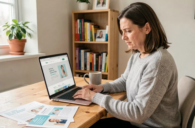 Femme consultant un site de santé spécialisé sur son ordinateur portable dans un bureau à domicile