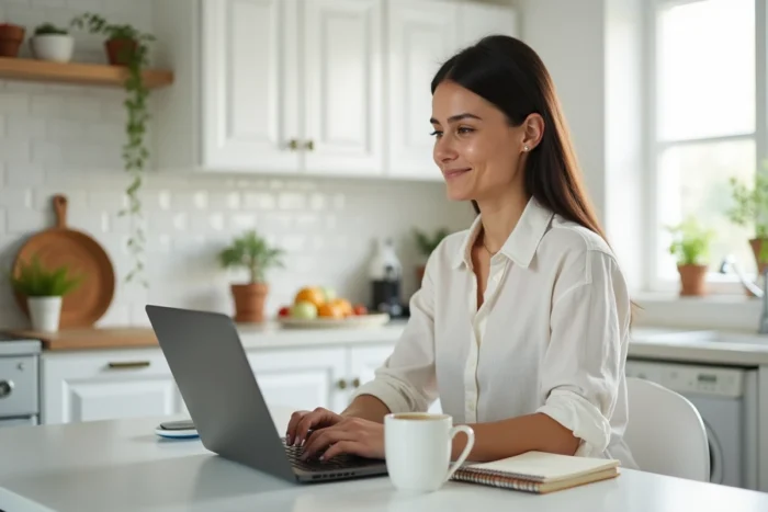 Femme suivant ses cours en ligne via l'ENT Artois depuis son domicile