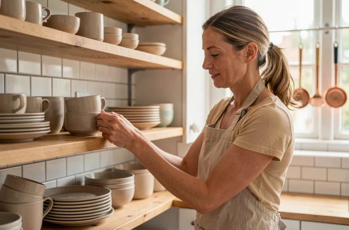 Femme rangeant de la vaisselle artisanale dans une cuisine scandinave avec étagères en bois et carrelage mat