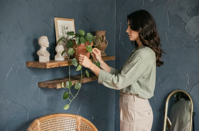 Femme aménageant une étagère décorative murale dans un bureau à domicile aux tons bleu ardoise et bois naturel, tendances décoration intérieure maison