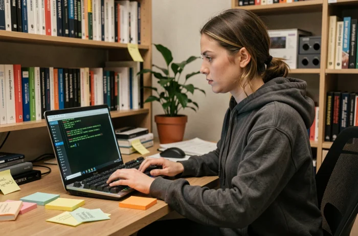 Femme développeuse utilisant un terminal Linux sur un ordinateur portable, illustrant l'adoption des logiciels libres pour une informatique éthique
