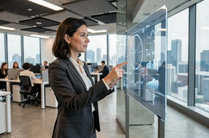 Femme dirigeante en blazer gris analysant des données numériques sur un écran tactile transparent dans un bureau moderne en 2024