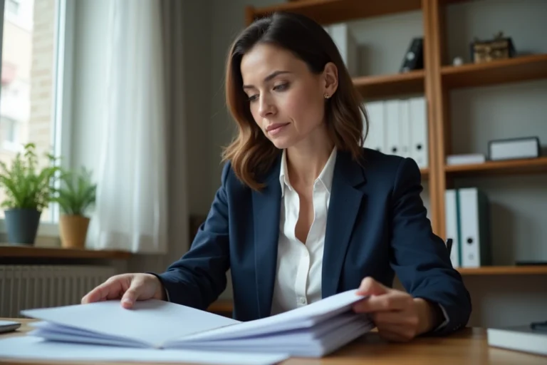 Femme consultant un dossier de demande de logement social à son bureau à domicile