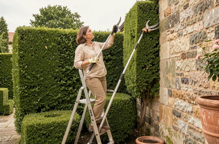 Femme utilisant un élagueur sur perche pour tailler des haies hautes dans un jardin à la française