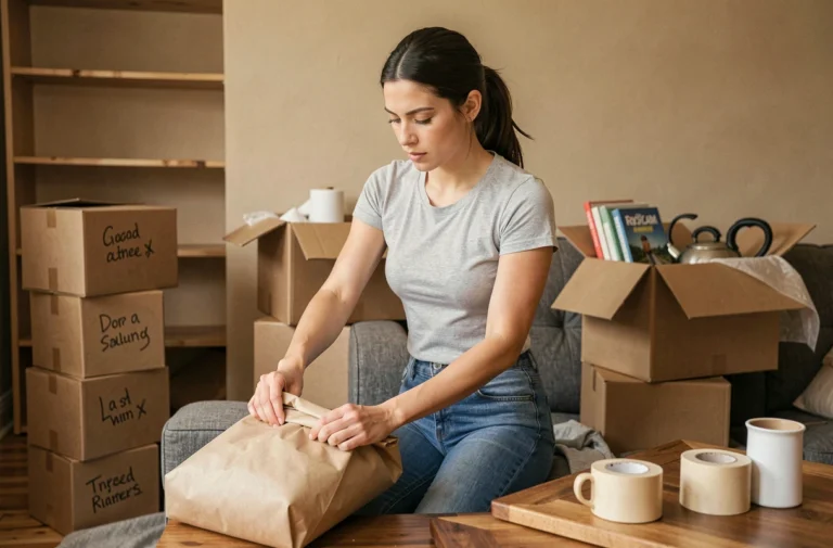 Femme emballant efficacement des objets fragiles dans des cartons lors d'un déménagement rapide et organisé