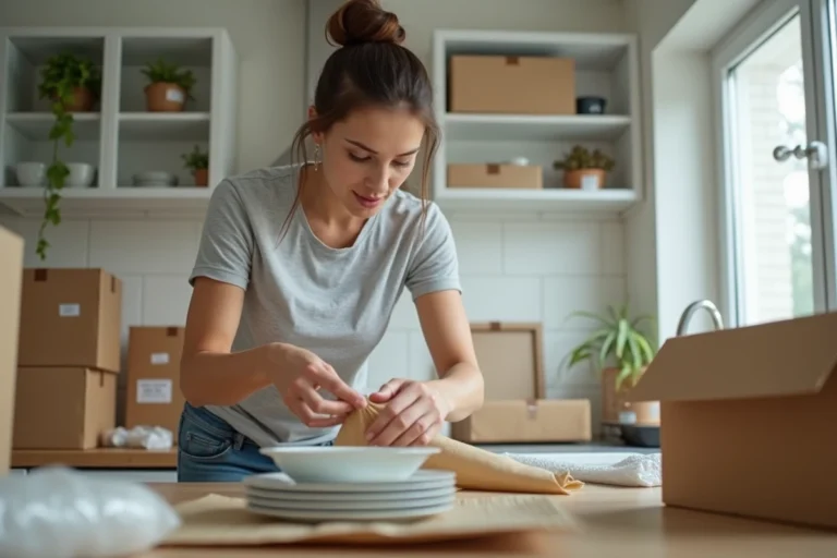 Femme emballant soigneusement de la vaisselle fragile dans des cartons de déménagement dans une cuisine organisée