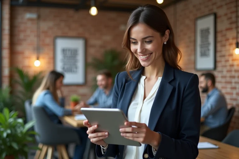 Femme entrepreneure analysant des tendances business sur une tablette dans un espace de coworking moderne