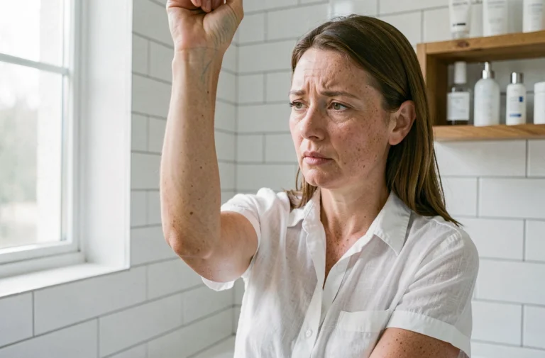 Femme examinant sa peau sur l'avant-bras pour détecter des signes précurseurs de cancer de la peau