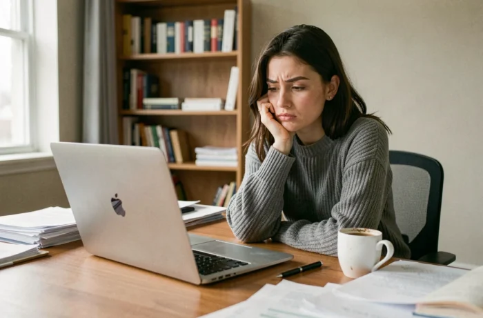 Femme assise seule à son bureau regardant son ordinateur portable avec une expression de lassitude, illustrant la perte de motivation au travail
