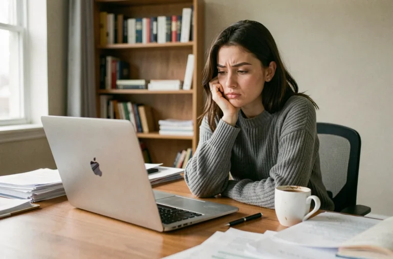 Femme assise seule à son bureau regardant son ordinateur portable avec une expression de lassitude, illustrant la perte de motivation au travail