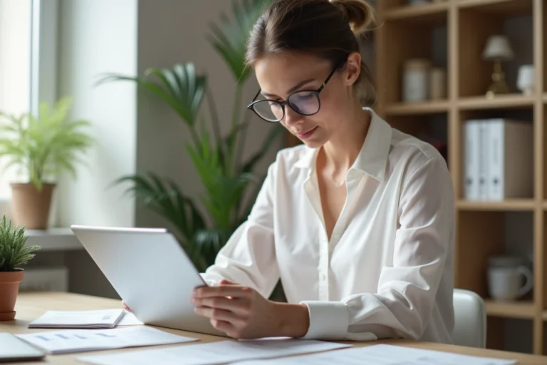 Femme consultant une application de gestion budgétaire sur tablette dans un bureau moderne et épuré