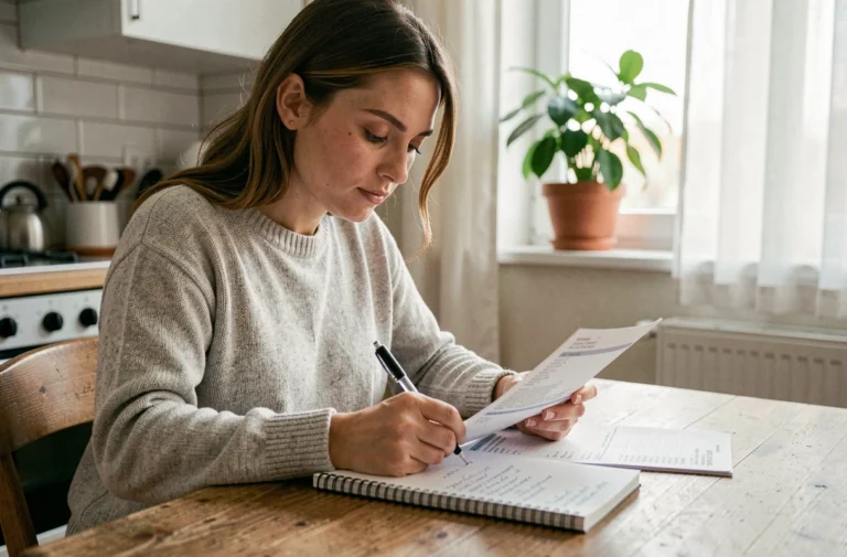 Femme gérant ses finances personnelles avec des relevés bancaires et un carnet de notes sur une table en bois