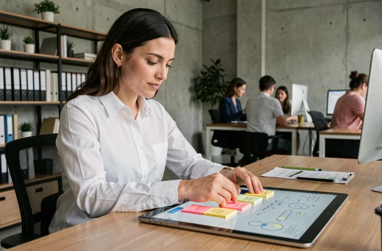 Femme professionnelle organisant des idées sur tablette numérique dans un bureau moderne de gestion de projets