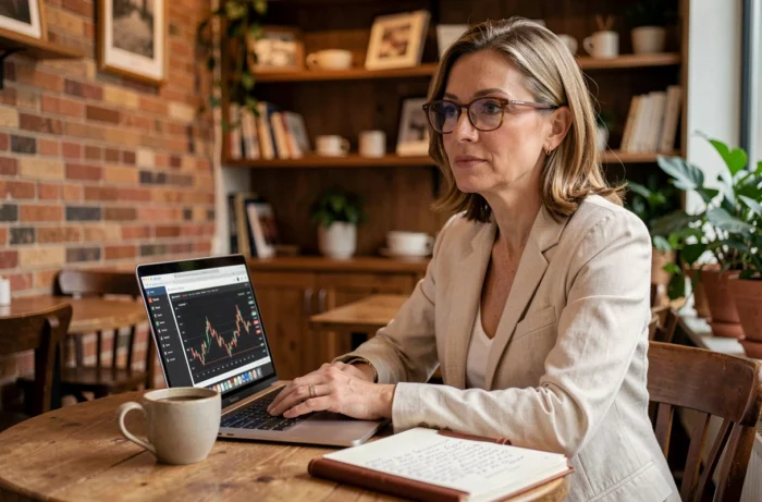 Femme professionnelle consultant son portefeuille d'investissement sur un ordinateur portable dans un café parisien avec carnet de notes