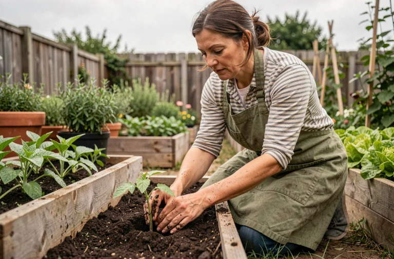 Femme jardinière transplantant des plants de tomates dans un potager surélevé en bois, mains dans la terre