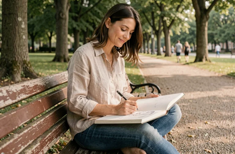 Femme dessinant dans un carnet de croquis assise sur un banc de parc lors d'un moment de loisir créatif en plein air