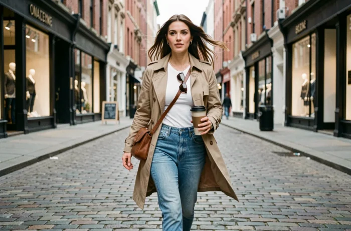 Femme moderne en imperméable beige marchant en ville avec sac bandoulière et accessoires du quotidien