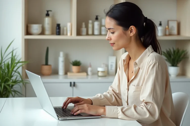 Femme naviguant sur un site d'annuaire beauté depuis son ordinateur portable dans un bureau minimaliste