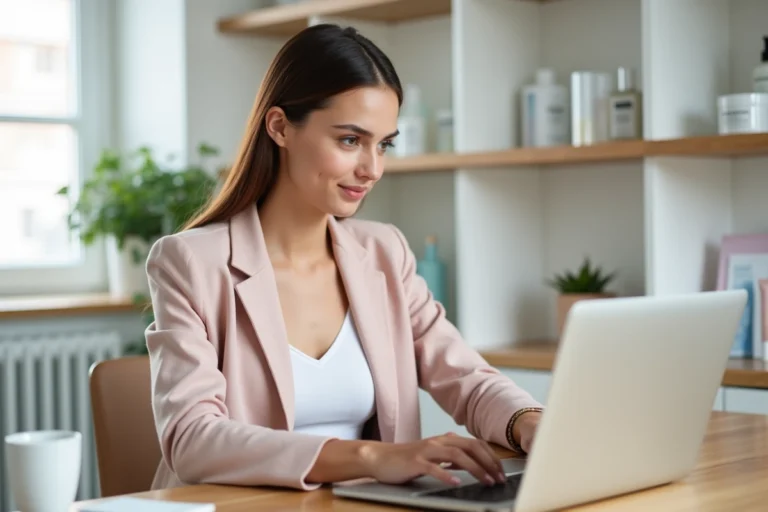 Jeune femme naviguant sur un blog beauté via un plan de site sur son ordinateur portable dans un bureau minimaliste