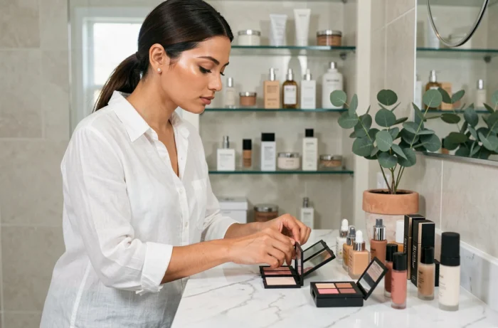 Femme arrangeant une collection de produits cosmétiques sur un marbre blanc dans une salle de bain élégante