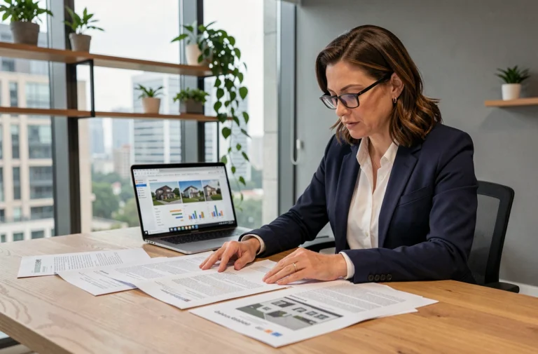Femme professionnelle analysant des documents d'investissement immobilier dans un bureau moderne avec vue sur la ville